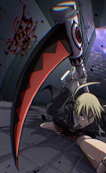 1girl absurdres alley artist_name attack blonde_hair brick_floor brick_wall cardigan checkered_clothes checkered_skirt cloud cloudy_sky collared_shirt fergoart fighting_stance gloves green_eyes highres holding holding_scythe holding_weapon legs maka_albarn miniskirt pleated_skirt scythe shirt skirt sky sleeve_cuffs solo soul_eater squatting weapon white_gloves white_shirt