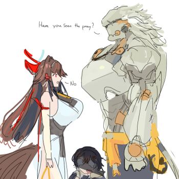 1boy 2girls absurdres aican animal_ears banyue_(zenless_zone_zero) bare_shoulders belle_(zenless_zone_zero) blind_spot_(meme) blue_hair breast_envy breasts brown_hair commentary cowboy_shot english_text expressionless fox_ears fox_girl fox_tail from_side grey_hair hair_between_eyes hair_intakes hair_ornament hairband highres huge_breasts large_breasts letter_hair_ornament long_hair looking_at_another meme multiple_girls open_mouth red_eyes robot_boy shadow short_hair simple_background sketch tail tearing_up very_long_hair ye_shunguang zenless_zone_zero