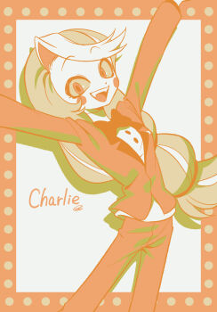 Rule 34 | 1girl, :d, \o/, absurdres, arched back, arms up, black bow, black bowtie, blonde hair, border, bow, bowtie, breasts, buttons, character name, charlie morningstar, circle facial mark, colored sclera, colored skin, commentary request, cowboy shot, drop shadow, fangs, film grain, hazbin hotel, hellaverse, highres, jacket, long hair, long sleeves, looking at viewer, low-tied long hair, menma (enaic31), multicolored hair, open mouth, orange border, outside border, outstretched arms, pants, raised eyebrows, red eyes, red hair, red jacket, red pants, shirt, signature, simple background, small breasts, smile, solo, standing, streaked hair, swept bangs, teeth, tongue, traditional bowtie, upper teeth only, very long hair, white background, white hair, white shirt, white skin, yellow sclera