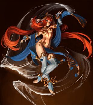 1girl absurdres anklet blue_bridal_gauntlets blue_eyes blue_nails blue_thighhighs blue_veil bracer bridal_gauntlets circlet commentary dancer fake_horns fingerless_gloves full_body genshin_impact gloves gold harem_outfit highres horns jewelry long_hair nail_polish navel neck_ring nezo nilou_(genshin_impact) pelvic_curtain red_hair solo stomach thighhighs toeless_legwear toes veil very_long_hair white_headdress white_veil