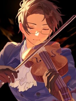 1boy ascot austria_(hetalia) axis_powers_hetalia black_background bow_(music) brown_hair closed_eyes glasses gloves holding holding_bow_(music) holding_instrument holding_violin instrument jacket male_focus mole mole_under_mouth music pipinopipi0219 playing_instrument short_hair simple_background solo upper_body violin