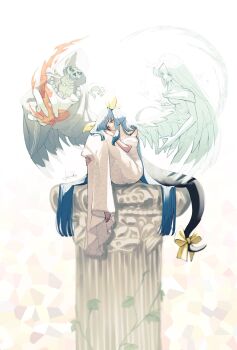 1girl angel_wings artist_name asymmetrical_wings bare_shoulders barefoot blue_hair breasts casting_spell cleavage commentary_request dizzy_(guilty_gear) dress feet fetal_position fire guilty_gear guilty_gear_xrd hair_rings highres hugging_own_legs kanea_(nikoinoillust) long_dress lying monster_girl necro_(guilty_gear) off-shoulder_dress off_shoulder pillar red_eyes ribbon shaded_face signature simple_background sitting sitting_on_object sunlight tail tail_ornament tail_ribbon twintails undine_(guilty_gear) white_background wings