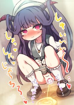 1girl black_dress black_shoes blue_archive blush censored character_censor closed_mouth commentary demon_girl demon_horns doodle_sensei_(blue_archive) dress full_body fuuka_(blue_archive) fuuka_(casual)_(blue_archive) hair_horns hayasaka_(neoneet) headscarf heart heart_pendant horns long_hair nose_blush novelty_censor official_alternate_costume paid_reward_available panties panty_pull pee peeing pinafore_dress pink_eyes purple_hair sensei_(blue_archive) shirt shoes short_sleeves sleeveless sleeveless_dress socks solo squatting underwear white_headscarf white_panties white_shirt white_socks