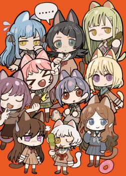 Rule 34 | > <, 6+girls, absurdres, animal ear fluff, animal ears, ave mujica (bang dream!), bang dream!, bang dream! it's mygo!!!!!, black hair, black skirt, black socks, blonde hair, blue eyes, blue hair, blue shirt, blue skirt, brown dress, brown hair, cat ears, cat girl, cat tail, cellphone, chibi, chibi only, chihaya anon, chinese commentary, closed eyes, closed mouth, commentary request, cucumber, donut, dress, drink carton, fang, food, green hair, green necktie, green skirt, grey hair, grey jacket, grey neckerchief, grey shirt, hair ornament, hairclip, hanasakigawa school uniform, haneoka school uniform, highres, holding, holding drink carton, holding ice cream cone, holding phone, ice cream, ice cream cone, jacket, kaname raana, kemonomimi mode, llllwewewe, long hair, long sleeves, matcha (food), medium hair, misumi uika, mole, mole under eye, multiple girls, mygo!!!!! (bang dream!), nagasaki soyo, neckerchief, necktie, one eye closed, open mouth, phone, pink hair, plaid clothes, plaid skirt, pleated dress, purple background, purple eyes, raana the cat, red eyes, sailor dress, school uniform, selfie, shiina taki, shirt, short hair, skirt, smartphone, socks, sweatdrop, tail, takamatsu tomori, togawa sakiko, tongue, tongue out, tsukinomori school uniform, twirling hair, two side up, u u, v, wakaba mutsumi, yahata umiri, yellow eyes, yuutenji nyamu