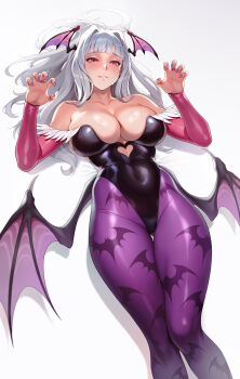 1girl absurdres animal_print bat_print black_leotard breasts bridal_gauntlets claw_pose clothing_cutout commentary_request cosplay covered_navel darkstalkers demon_girl demon_wings fingernails gluteal_fold grey_hair head_wings heart_cutout highleg highleg_leotard highres idolmaster idolmaster_(classic) large_breasts leotard long_hair looking_at_viewer machi_(machi333) morrigan_aensland morrigan_aensland_(cosplay) nail_polish pantyhose print_pantyhose purple_nails purple_pantyhose shijou_takane simple_background solo white_background wings