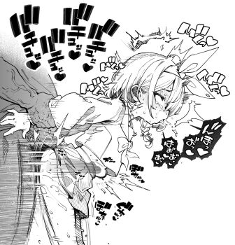 1boy 1girl arm_held_back arona_(blue_archive) blue_archive braid clothed_female_nude_male crop_top from_side grabbing_another&#039;s_arm grabbing_from_behind halo hetero monochrome neckerchief nude okuva open_mouth sailor_collar saliva sex sex_from_behind single_braid solo_focus standing standing_sex tongue tongue_out vaginal veins veiny_arms white_background white_neckerchief white_sailor_collar