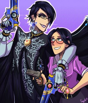 bayonetta bayonetta bayonetta_(series) bayonetta_2 black_bodysuit black_hair blush bodysuit crossover earrings elbow_gloves glasses gloves gun jewelry lipstick makeup miss_pauling mole team_fortress_2 weapon