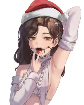 1girl absurdres aran_sweater arm_behind_head arm_up armpits bare_shoulders bolcham braces breasts brown_eyes brown_hair cable_knit detached_sleeves drooling grey_sweater hands_up hat highres looking_at_viewer medium_breasts open_mouth reverse:1999 saliva saliva_trail santa_hat solo sweater tongue tongue_out tooth_fairy_(reverse:1999) upper_body v v_over_mouth virgin_destroyer_sweater white_background