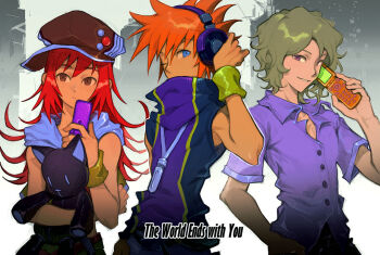 Rule 34 | 2boys, blue eyes, brown eyes, cellphone, flip phone, grey hair, hand on headphones, hat, headphones, high collar, holding, holding phone, holding stuffed toy, kiryu yoshiya, misaki shiki, mp3 player, multiple boys, newsboy cap, nyantan, one eye closed, orange hair, phone, purple eyes, red hair, sakuraba neku, shirt, sleeveless, sleeveless shirt, spiked hair, stuffed animal, stuffed cat, stuffed toy, subarashiki kono sekai, sweatband, upper body