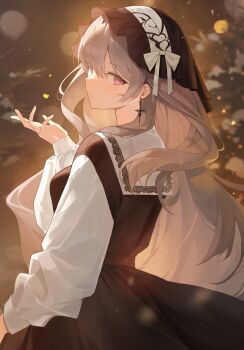 Rule 34 | 1girl, absurdres, black dress, black veil, blurry, blurry background, blush, character request, christmas tree, commentary, cross, cross earrings, depth of field, dress, earrings, english commentary, ff 01, grey hair, hand up, highres, jewelry, looking at viewer, looking back, purple eyes, solo, veil, white dress