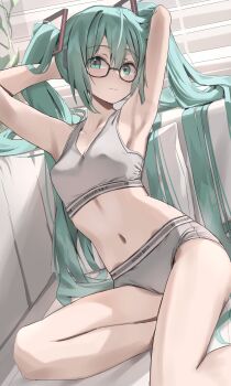 1girl absurdres aqua_eyes aqua_hair armpits arms_behind_head arms_up backlighting bare_arms bare_legs bare_shoulders bespectacled blush bra breasts closed_mouth clothes_writing collarbone commentary couch covered_erect_nipples english_commentary glasses grey_bra grey_panties hair_between_eyes hair_lift hair_ornament hatsune_miku highres indoors long_hair looking_at_viewer midriff navel on_couch panties pillow scarlet_(wv0102) sidelocks sitting small_breasts solo sports_bra sports_panties stomach twintails underwear underwear_only underwear_writing very_long_hair vocaloid window_blinds yokozuwari
