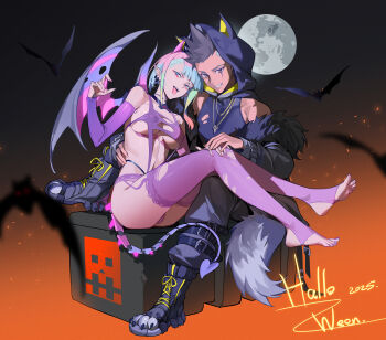1boy 1girl 2025 absurdres bat_(animal) bigroll breasts commentary covered_erect_nipples cyberpunk:_edgerunners cyberpunk_(series) cyborg david_martinez demon_wings detached_sleeves earrings full_moon gradient_background halloween halloween_costume hetero highres hood hood_up jewelry looking_at_viewer lucy_(cyberpunk) medium_breasts moon multicolored_hair nail_polish necklace panties pink_nails pointy_ears purple_panties purple_thighhighs signature sitting thighhighs tongue tongue_out torn_clothes torn_thighhighs underwear wings
