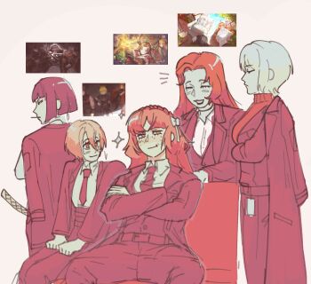 Rule 34 | 0rdired, 5girls, black hair, blonde hair, blush, bow, brown hair, closed eyes, closed mouth, commentary, crossed arms, don quixote (project moon), english commentary, faust (project moon), freckles, green eyes, highres, ishmael (project moon), limbus company, limited palette, long hair, multiple girls, open mouth, orange eyes, orange hair, orange theme, project moon, r corp. (identity) (project moon), rodion (project moon), ryoshu (project moon), shi association south uniform, simple background, sitting, smile, very long hair, white background, white bow, white hair, wuthering heights (identity) (project moon), zwei association south uniform