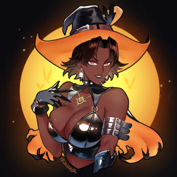 1girl alternate_costume artist_name bare_shoulders bat_(animal) black_gloves black_hat breasts brown_hair cape cleavage commentary costume dark-skinned_female dark_skin earrings english_commentary female_focus fire_emblem fire_emblem_engage ghost_earrings gloves halloween halloween_costume hat jewelry large_breasts mature_female meziosaur nintendo parted_lips red_eyes seforia_(fire_emblem) short_hair skindentation solo star-shaped_pupils star_(symbol) symbol-shaped_pupils upper_body witch witch_hat