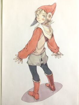 1girl black_pants blonde_hair boots brown_hoodie closed_eyes commentary from_behind full_body hat highres hood hood_down hoodie looking_at_viewer looking_back original pants peter_salt phrygian_cap red_boots red_hat red_sleeves short_hair smile solo standing thigh_strap traditional_media white_background