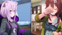 2girls 3d ahoge animal_collar animal_ear_fluff animal_ears animated audible_speech bed bedroom black_hoodie blinking blurry blurry_background bone_hair_ornament braid breasts brown_eyes brown_hair cat_ears cat_girl chair collar collarbone cushion dog_ears dog_girl drawstring eyebrows_hidden_by_hair eyes_visible_through_hair fangs gaming_chair hair_between_eyes hair_ornament hey_guys hololive hood hood_down hoodie indoors inugami_korone inugami_korone_(1st_costume) jacket katsutoshi computer_keyboard laughing long_sleeves low_twin_braids mikumikudance_(medium) multiple_girls nekomata_okayu nekomata_okayu_(1st_costume) off_shoulder pink_hair purple_eyes purple_hair rug shelf short_hair sidelocks sitting smile sound swivel_chair table twin_braids video virtual_youtuber yellow_jacket