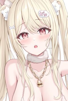 1girl animal_ears animal_hair_ornament armpit_crease blonde_hair blush bone bone_hair_ornament breasts chain chain_necklace cleavage fang fluffy_collar hair_ornament highres jewelry large_breasts lock lock_necklace looking_at_viewer necklace open_mouth original out_of_frame red_eyes simple_background solo twintails uni_ikura white_background