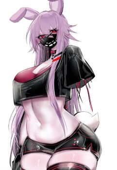 1girl amputee bonnie_(fnaf) bow breasts choker cleavage colored_skin crop_top destroyed five_nights_at_freddy&#039;s five_nights_at_freddy&#039;s_2 furry furry_female genderswap genderswap_(mtf) large_breasts long_hair looking_at_viewer midriff navel purple_hair purple_skin rabbit rabbit_ears rabbit_girl rabbit_tail red_eyes robot shorts thick_thighs thighhighs thighs usa37107692 very_long_hair wide_hips wire withered_bonnie zettai_ryouiki