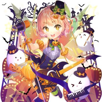 1girl armpits bare_arms black_hat blunt_bangs ghost guitar halloween_costume hat holding holding_guitar holding_instrument holding_microphone_stand instrument kanna_(uchihime) microphone_stand mini_hat open_mouth pink_hair salt_(salty) short_hair stage uchi_no_hime-sama_ga_ichiban_kawaii wings yellow_eyes