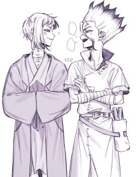 2boys asagiri_gen bag bandaged_arm bandages belt blush bow closed_mouth commentary_request cowboy_shot crossed_arms dr._stone e=mc2_(equation) eye_contact facial_mark facing_another hands_in_opposite_sleeves highres hospital_gown implied_yaoi ishigami_senkuu japanese_clothes kimono long_sleeves looking_at_another male_focus monochrome multicolored_hair multiple_boys open_mouth profile purple_theme robe short_hair short_sleeves simple_background smile smirk speech_bubble spiked_hair teeth two-tone_hair upper_teeth_only wa_ii_1441