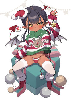 1girl artist_name black_hair black_wings blush boots box brown_succubus-chan_(trente) christmas closed_mouth commentary_request dark-skinned_female dark_skin dated demon_girl demon_wings dot_mouth dot_nose ear_piercing full_body fur-trimmed_boots fur-trimmed_headwear fur-trimmed_panties fur_trim gift gift_box hat head_wings high_heel_boots high_heels highres loli long_hair long_sleeves looking_at_viewer no_pants on_box original paid_reward_available panties piercing pointy_ears pom_pom_(clothes) pom_pom_hat_ornament puffy_long_sleeves puffy_sleeves red_boots red_panties red_wings santa_hat side-tie_panties signature simple_background sitting sitting_on_box sleeves_past_wrists slit_pupils solo soyogi770_vrc spread_legs star_(symbol) string_panties sweater thighhighs tilted_headwear trente underwear white_background white_thighhighs wings yellow_eyes