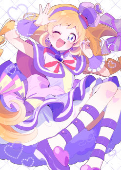 Rule 34 | 1girl, ;d, blonde hair, blue eyes, blush, bow, bowtie, braid, capelet, commentary request, cure friendy, dot nose, dress, dress bow, foot out of frame, grid background, hair bow, hairband, heart, highres, inukai iroha, long hair, looking at viewer, nail polish, one eye closed, open mouth, pink bow, pink bowtie, pink hairband, precure, purple bow, purple capelet, purple dress, purple nails, purple shoes, serizawa serizane, shoes, smile, solo, striped bow, striped bowtie, striped clothes, thighhighs, twin braids, twitter username, white background, white thighhighs, wonderful precure!