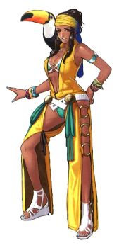 1girl bikini breasts brown_eyes brown_hair curvy dancer dark-skinned_female dark_skin earrings female_focus hairband highres jewelry large_breasts long_hair looking_at_viewer panties ring shoes standing swimsuit tan tanline the_king_of_fighters thick_thighs thighs underwear zarina