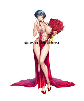 1girl alternate_costume alternate_hairstyle bare_legs bare_shoulders blue_hair breasts copyright_name curvy dress drink full_body hair_bun holding holding_drink igawa_asagi kagami_hirotaka large_breasts lilith-soft looking_at_viewer official_alternate_costume red_dress revealing_clothes see-through_clothes see-through_dress shiny_skin smile standing taimanin_(series) taimanin_asagi taimanin_rpgx white_background wide_hips