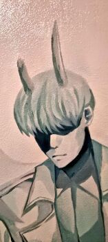 1boy areuwuu broken_horn coat collared_shirt demon_horns expressionless grey_hair greyscale horns kim_dokja monochrome oil_painting_(medium) omniscient_reader&#039;s_viewpoint open_clothes open_coat painting_(medium) partially_shaded_face popped_collar portrait shirt short_hair traditional_media