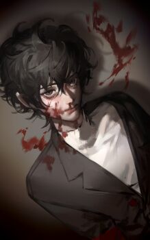 Rule 34 | 1boy, absurdres, amamiya ren, black eyes, black hair, black jacket, blood, blood on face, chinese commentary, closed mouth, commentary request, dutch angle, eyelashes, grey background, hair between eyes, highres, jacket, lapels, lin09, male focus, no eyewear, nosebleed, notched lapels, persona, persona 5, sanpaku, school uniform, short hair, shuujin academy school uniform, solo, sweater, turtleneck, turtleneck sweater, upper body, white sweater
