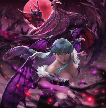 1girl bare_shoulders black_leotard breasts bridal_gauntlets capcom cleavage collarbone constricted_pupils darkstalkers demon_girl demon_wings dragon full_moon green_eyes green_hair head_wings large_breasts leotard long_hair moon morrigan_aensland official_art red_moon shiyuu_(shiyu) solo strapless strapless_leotard teppen wings