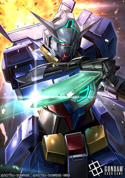 amasaki_yusuke copyright_logo copyright_name copyright_notice explosion glint glowing glowing_eyes gundam gundam_age gundam_age-1 gundam_age-1_spallow gundam_card_game holding holding_knife knife logo mecha no_humans official_art robot upper_body