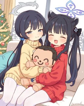 2girls :d alternate_costume animal_ear_fluff animal_ears black_eyes black_hair blue_archive blue_halo character_doll christmas_tree closed_eyes closed_mouth doll doodle_sensei_(blue_archive) grey_halo hair_bobbles hair_ornament halo kisaki_(blue_archive) long_hair long_sleeves looking_at_viewer multiple_girls onyhakase open_mouth pantyhose puffy_long_sleeves puffy_sleeves red_sweater sensei_(blue_archive) shun_(blue_archive) shun_(small)_(blue_archive) sitting smile sweater tiger_ears tiger_girl twintails very_long_hair white_pantyhose yellow_sweater