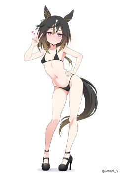 1girl absurdres animal_ears bikini black_bikini black_hair black_shoes breasts brown_hair closed_mouth commentary_request full_body gradient_hair hand_on_own_hip heart highres horse_ears horse_girl horse_tail long_hair looking_at_viewer micro_bikini multicolored_hair navel roswell_ss shoes simple_background small_breasts solo standing stay_gold_(umamusume) swimsuit tail twitter_username umamusume v white_background