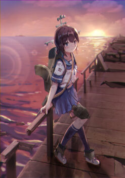 Rule 34 | 1girl, aoniyoshi, black hair, black socks, blue sailor collar, blue skirt, fubuki (kancolle), grey eyes, highres, kantai collection, medium hair, ocean, pleated skirt, ponytail, rigging, sailor collar, school uniform, serafuku, sex through torn clothes, shirt, short ponytail, short sleeves, sidelocks, skirt, smokestack, socks, sunset, torn clothes, torn shirt, torn skirt, torn sleeves, torpedo launcher