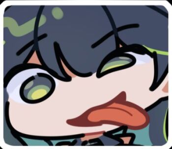 1girl arknights black_hair chibi green_eyes green_hair hair_between_eyes looking_at_viewer lowres meme mon3tr_(arknights) nuggetkouhai open_mouth portrait smile solo tongue tongue_out