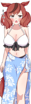 1girl absurdres alternate_breast_size_(larger) alternate_costume animal_ears bare_shoulders bikini black_hair blue_sarong blush breasts brown_eyes brown_hair brown_tail cleavage collarbone commentary_request fang feet_out_of_frame floral_print_sarong frilled_bikini frills highres horse_ears horse_girl horse_tail large_breasts looking_at_viewer medium_hair multicolored_hair nabe_tanuki navel nice_nature_(umamusume) open_mouth sarong simple_background solo standing stomach streaked_hair swimsuit tail translation_request twintails umamusume white_background white_bikini