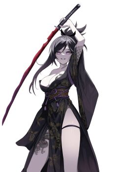 1girl arm_up bare_shoulders black_hair black_kimono breast_tattoo breasts cleavage commission grin highres holding holding_sword holding_weapon japanese_clothes katana kimono large_breasts leg_tattoo long_hair long_sleeves looking_at_viewer no_bra obi off_shoulder original pelvic_curtain ponytail purple_eyes sash shoulder_tattoo simple_background smile solo sword tattoo thigh_strap thighs weapon white_background wide_sleeves ysoa26