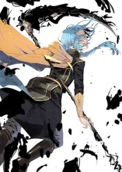 Rule 34 | 1boy, absurdres, aged down, black robe, blue hair, boots, braid, braided ponytail, cape, character name, dated, ferdinand (honzuki no gekokujou), he cco, highres, holding, holding weapon, honzuki no gekokujou, light blue hair, long hair, looking back, male focus, robe, scythe, solo, weapon, yellow cape, yellow eyes