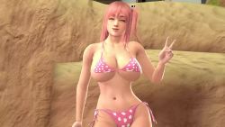 1girl 20s 2boys 3d animated ass audible_speech back bikini bouncing bouncing_breasts bouncing_testicles breasts cleavage clothed_female_nude_male crotch cum curvy dead_or_alive dead_or_alive_5 dead_or_alive_5_last_round ejaculation erection flaccid hand_gesture handsfree_ejaculation highres honoka_(doa) huge_ass huge_breasts jiggle large_breasts lipstick looking_at_viewer makeup medium_hair midriff multiple_boys nude outdoors penis pink_hair polka_dot polka_dot_bikini pool premature_ejaculation red_eyes redmoa rock side-tie_bikini_bottom side_ponytail solo_focus sound source_filmmaker_(medium) spinning standing swimsuit talking tecmo testicles text_focus uncensored underboob v video wide_hips
