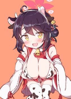 Rule 34 | 1girl, ahoge, animal ear hairband, animal ears, animal print, arms under breasts, black choker, black hair, blue archive, blush, bra, breasts, choker, cleavage, cow ear hairband, cow ears, cow horns, cow print, cow print bra, cow print thighhighs, cowbell, detached sleeves, fake animal ears, fake horns, fang, flower, hair flower, hair ornament, hairband, hakama, hakama skirt, halo, horn hairband, horns, huge breasts, japanese clothes, kaede (blue archive), kimono, leaning forward, miko, miniskirt, neck bell, open clothes, open kimono, open mouth, orange background, print thighhighs, red skirt, short hair, side bun, skirt, smile, solo, standing, thighhighs, underwear, white hairband, white kimono, wide sleeves, yasunao (yasunao-z), yellow eyes, zettai ryouiki