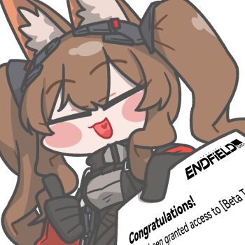1girl :d angelina_(arknights) animal_ear_fluff animal_ears arknights arknights:_endfield azka_sage belt black_gloves blush_stickers breasts brown_hair closed_eyes coat commentary deformed dress english_commentary english_text facing_viewer fingerless_gloves fox_ears fox_girl gilberta_(arknights) gloves grey_dress headpiece heart heart_in_mouth high_belt holding holding_paper long_hair medium_breasts no_nose open_mouth paper red_coat simple_background smile solo thumbs_up transparent_background twintails upper_body