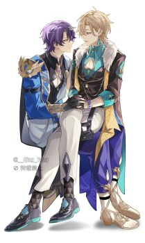 Rule 34 | 2boys, aqua shirt, aventurine (honkai: star rail), belt collar, black coat, black footwear, black gloves, black shirt, black vest, blonde hair, blue pants, bracelet, brown socks, cleavage cutout, clothing cutout, coat, collar, collared shirt, colored shoe soles, crossed legs, dr. ratio (honkai: star rail), dress shirt, earrings, full body, fullbody, fur scarf, gloves, hair ornament, holding hands, honkai: star rail, honkai (series), invisible chair, jewelry, lapel chain, leaf hair ornament, male focus, mask on shoulder, multiple boys, neck tattoo, oh qing yang, on lap, pants, pouch, purple eyes, purple hair, red eyes, sandals, scarf, shirt, shoes, short hair, simple background, single sleeve, sitting, smile, socks, tattoo, thigh pouch, thigh strap, three-quarter sleeves, vest, waistcoat, white background, white pants, white scarf, yaoi, yellow sandals