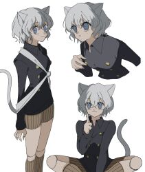 Rule 34 | 1other, :3, androgynous, animal ears, black jacket, blue eyes, brown shorts, cat ears, cat tail, commentary, fewer digits, highres, hunter x hunter, index finger raised, indian style, jacket, joints, looking to the side, looking up, multiple views, neferpitou, other focus, shorts, simple background, sitting, standing, tail, umxx i, upper body, v-shaped eyebrows, white background, white hair