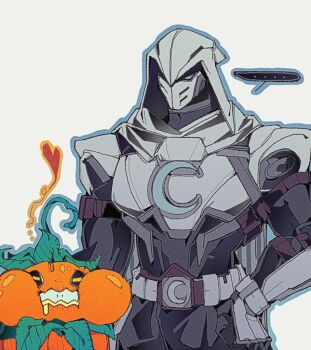 1boy bodysuit cape crescent dotori_012 hood jeff_(marvel) looking_at_viewer male_focus marvel marvel_rivals mask moon moon_knight pumpkin shark simple_background superhero_costume white_cape