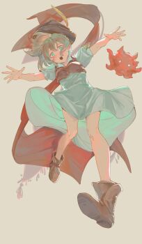 1girl blush brown_hair dress falling green_eyes highres legs octopath_traveler octopath_traveler_i octopus ribbon tagme tressa_(octopath_traveler) tressa_colzione white_dress