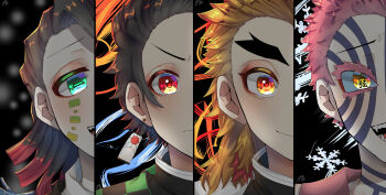 Rule 34 | 4boys, akaza (kimetsu no yaiba), asymmetrical bangs, black background, black hair, black jacket, blonde hair, checkered clothes, checkered kimono, closed mouth, colored eyelashes, colored tips, column lineup, commentary request, curtained hair, demon boy, demon slayer uniform, earrings, enmu (kimetsu no yaiba), facial mark, facial tattoo, fang, fangs, fire, floating clothes, furrowed brow, green eyes, hair slicked back, highres, jacket, japanese clothes, jewelry, kamado tanjirou, kimetsu no yaiba, kimono, looking at viewer, medium hair, multicolored hair, multiple boys, neck tattoo, ofuda earrings, open mouth, red eyes, red hair, red vest, rengoku kyoujurou, serious, short hair, signature, smile, snowflake background, snowing, spiked hair, split crop, straight-on, symbol-shaped pupils, tattoo, tears facial mark, teeth, thick eyebrows, trap, turtleneck, undershirt, upper teeth only, v-shaped eyebrows, variant set, vest, water, wide-eyed, yuino968