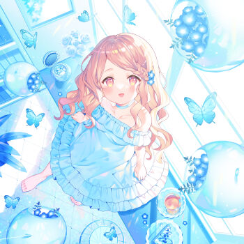 Rule 34 | 1girl, :d, absurdres, animal, bare shoulders, barefoot, blue choker, blue dress, blue flower, blue theme, blush, braid, brown hair, bug, butterfly, choker, collarbone, commentary request, cup, dress, flower, frilled dress, frills, from above, highres, ikari (aor3507), insect, long hair, looking at viewer, looking up, making-of available, off-shoulder dress, off shoulder, official art, open mouth, original, red eyes, saucer, smile, solo, swept bangs, teacup, transparent, wacom