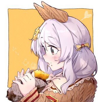 1girl animal_ears balladeluce blush bow brown_eyes brown_sweater collar ear_covers food food_on_face grey_hair highres hishi_miracle_(happy_little_notes)_(umamusume) hishi_miracle_(umamusume) holding holding_food horse_ears horse_girl open_mouth solo sweater two_side_up umamusume upper_body white_bow white_collar