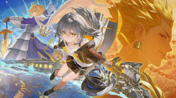 1boy 2girls absurdres ahoge armor armored_dress artoria_pendragon_(fate) astral_express_(honkai:_star_rail) black_boots black_gloves black_jacket black_skirt blonde_hair blue_dress boots bra_strap braid braided_bun cape chalice closed_mouth commentary_request crossover crown cup dress earrings excalibur_(fate/stay_night) fate/stay_night fate_(series) floating_cape floating_hair fur-trimmed_cape fur_trim gilgamesh_(fate) gloves green_eyes grey_hair hair_bun hair_ribbon hands_on_hilt hat highres honkai:_star_rail honkai_(series) jacket jewelry long_hair looking_at_viewer multiple_girls parted_lips planted planted_sword planted_weapon red_eyes ribbon saber_(fate) shirt short_hair skirt stelle_(honkai:_star_rail) sword thigh_strap tian_nima trailblazer's_hat_(honkai:_star_rail) trailblazer_(honkai:_star_rail) train unworn_crown unworn_hat unworn_headwear weapon white_shirt